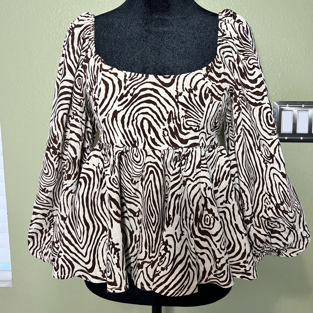 Moon River Brown and Cream Zebra-Print Peasant Blouse